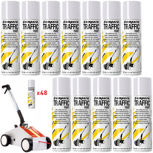 AMPERE TRAFFIC PAINT Farba do malowania linii 500ml biała 48szt. + wózek do znakowania