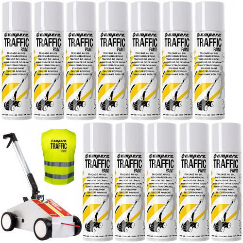 AMPERE TRAFFIC PAINT Farba do malowania linii 500ml biała 12szt. + wózek