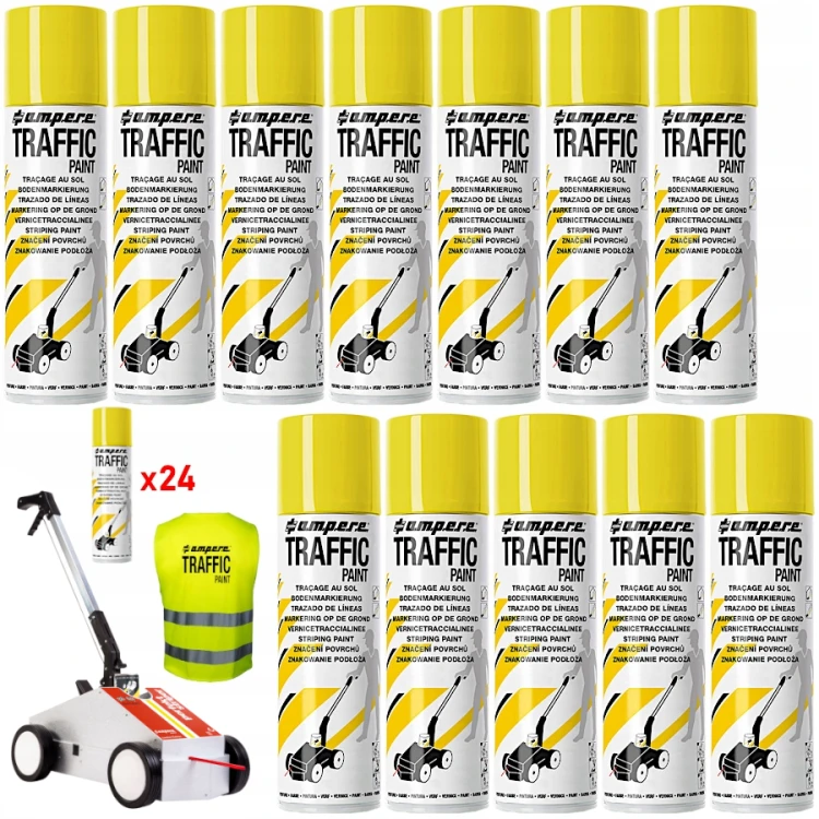 AMPERE TRAFFIC PAINT Farba do malowania linii 500ml żółta 24szt. + wózek