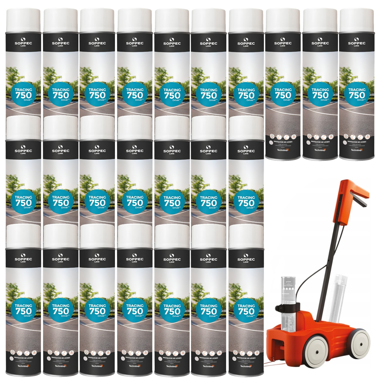SOPPEC Farba spray do znakowania linii biała TRACING 750ml 151800 24 sztuki + wózek