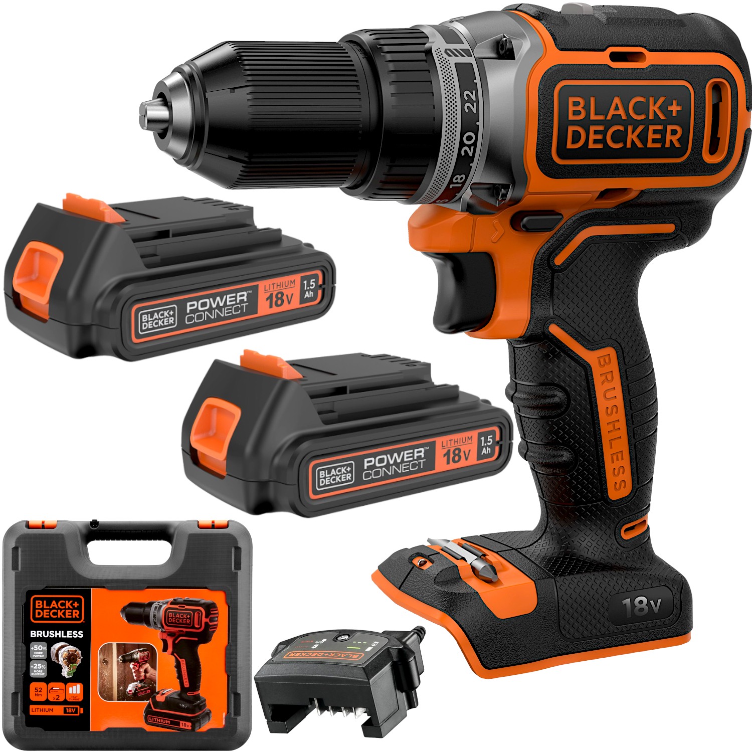 Wiertarko wkrętarka bezszczotkowa 18V 2x 1.5Ah 52Nm Black Decker BL186KB