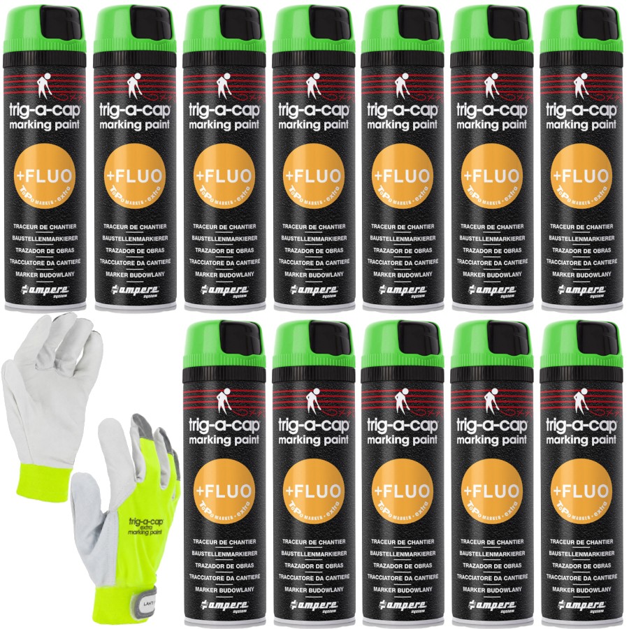 Farba geodezyjna AMPERE TRIG-A-CAP EXTRA Zielony Fluo 12szt. + Rękawice XL Lahti Pro GRATIS