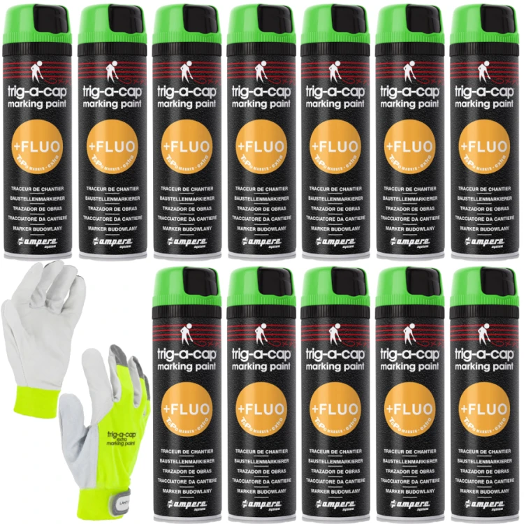 Farba geodezyjna AMPERE TRIG-A-CAP EXTRA Zielony Fluo 12szt. + Rękawice XL Lahti Pro GRATIS
