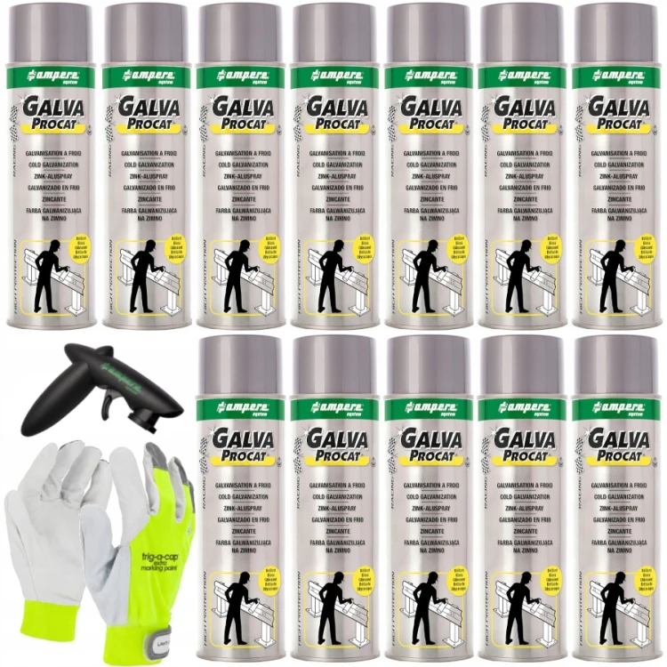 AMPERE GALVA PROCAT cynk w sprayu błysk 500 ml 12szt. + Uchwyt pistoletowy + Rękawice L Lahti Pro GRATIS