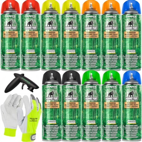 Farba do znakowania drzew mix kolorów 12x500ml Ampere + Uchwyt pistoletowy + Rękawice roz. L