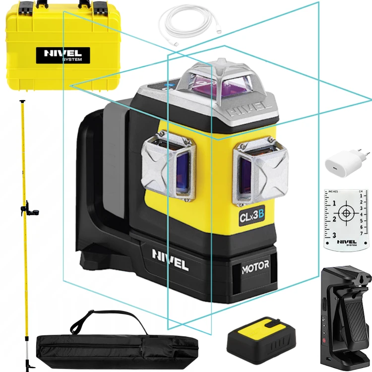 NIVEL SYSTEM CLX3BM Laser krzyżowy 3-płaszczyznowy zmotoryzowany wiązka niebieska + Tyczka rozporowa LP-36
