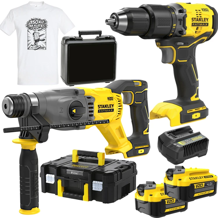 Młotowiertarka 2x4.0Ah ładowarka STANLEY SFMCH900M22 + wkrętarka SFMCD715B + GRATIS Koszulka