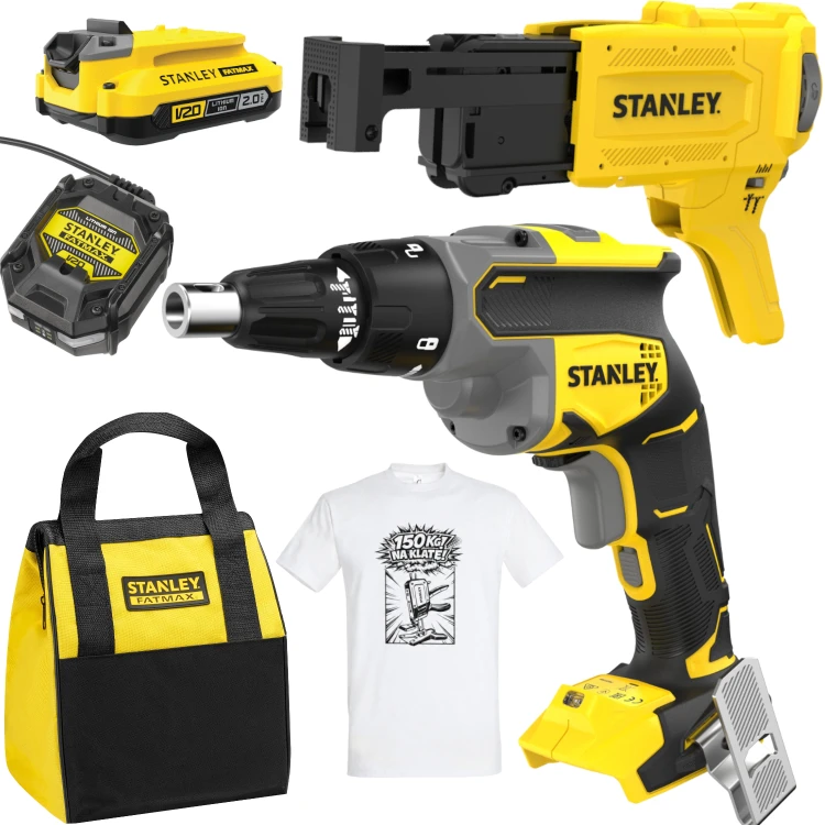Wkrętarka do płyt g-k 18V 2Ah Stanley V20 SFMCF600D1S + Podajnik SFMCF6001 + GRATIS Koszulka