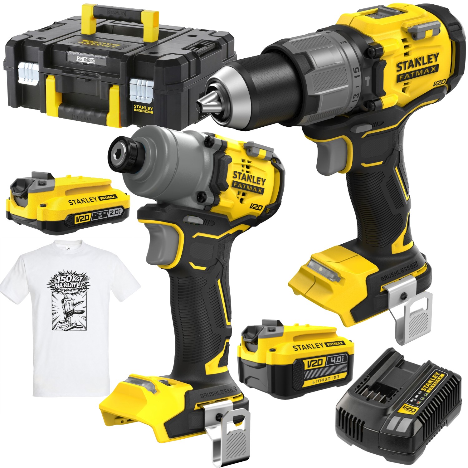STANLEY Zestaw 18V wkrętarka SFMCD726 + zakrętarka SFMCF830 + 2x aku, kufer + GRATIS Koszulka