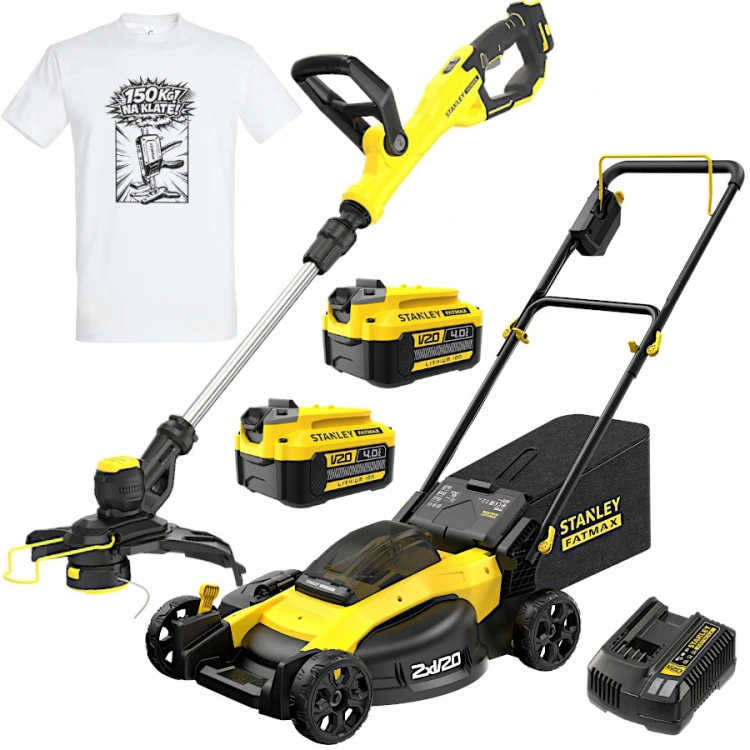 STANLEY V20 Kosiarka do trawy + Podkaszarka żyłkowa + 2x 4.0Ah + GRATIS Koszulka