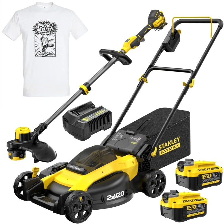 STANLEY SFMCMW2651M Kosiarka 18V V20 2x4Ah + podkaszarka Stanley SFMCSTB933B + GRATIS Koszulka