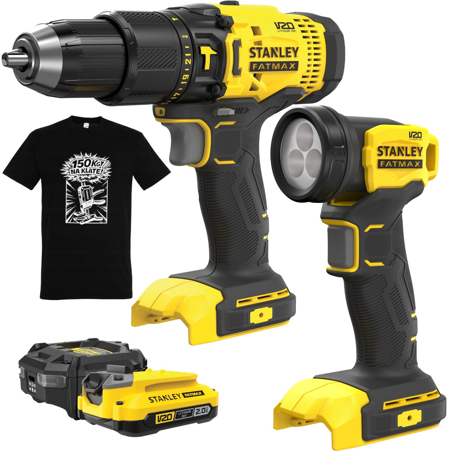 STANLEY SFMCK210D1 Wiertarko-wkrętarka SFMCD711 + Latarka SFMCL020 + Akumulator 2.0Ah + GRATIS Koszulka