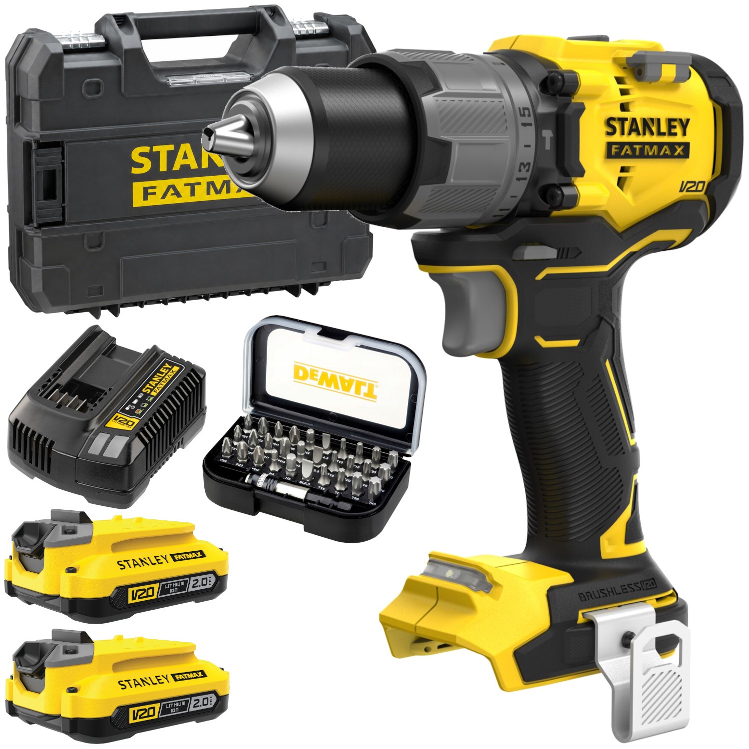 Wiertarko-wkrętarka udarowa 18V 80Nm 2x 2,0Ah Stanley V20 SFMCD726D2T + Bity 31el.