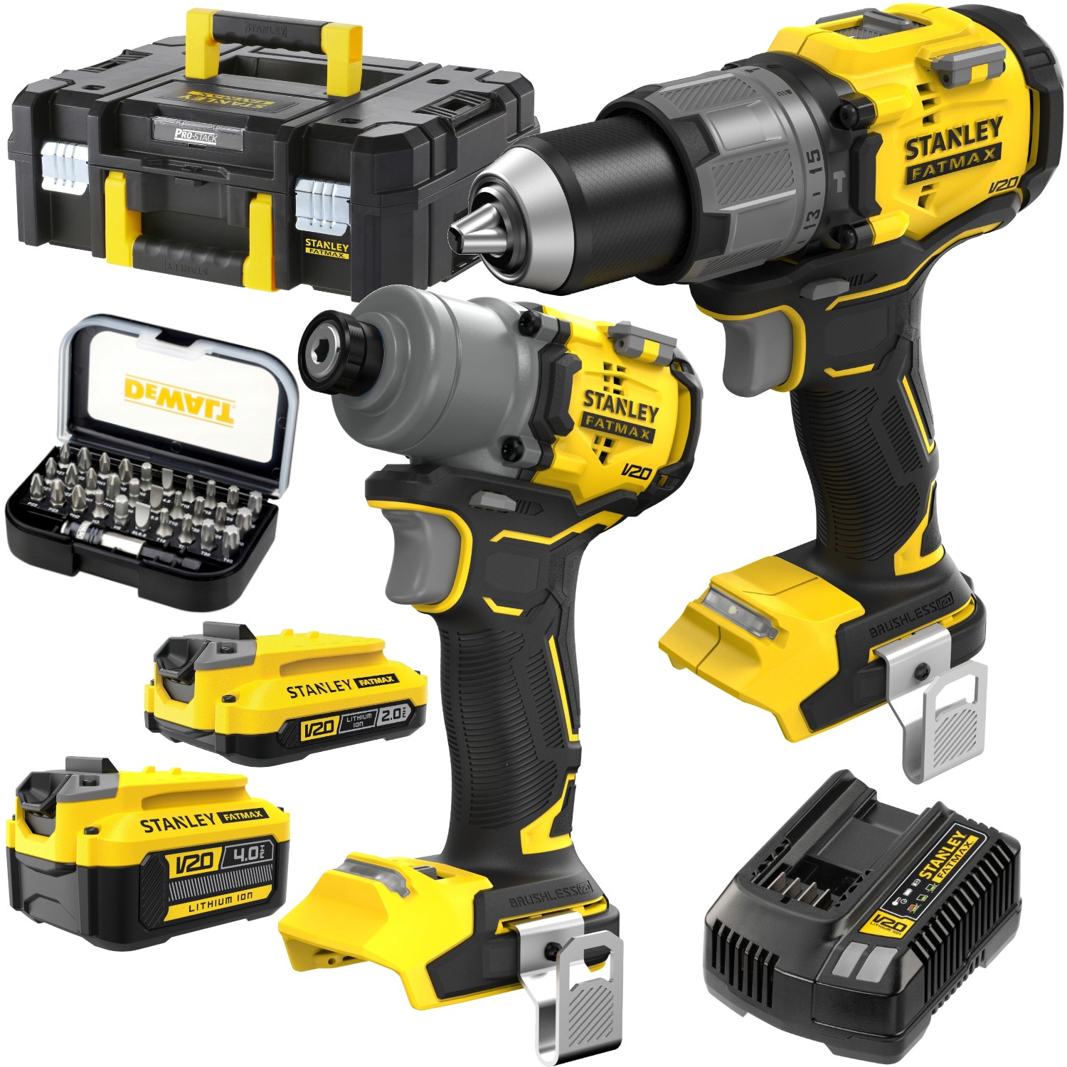 STANLEY Zestaw 18V wkrętarka SFMCD726 + zakrętarka SFMCF830 + 2x aku, kufer + Bity 31el.