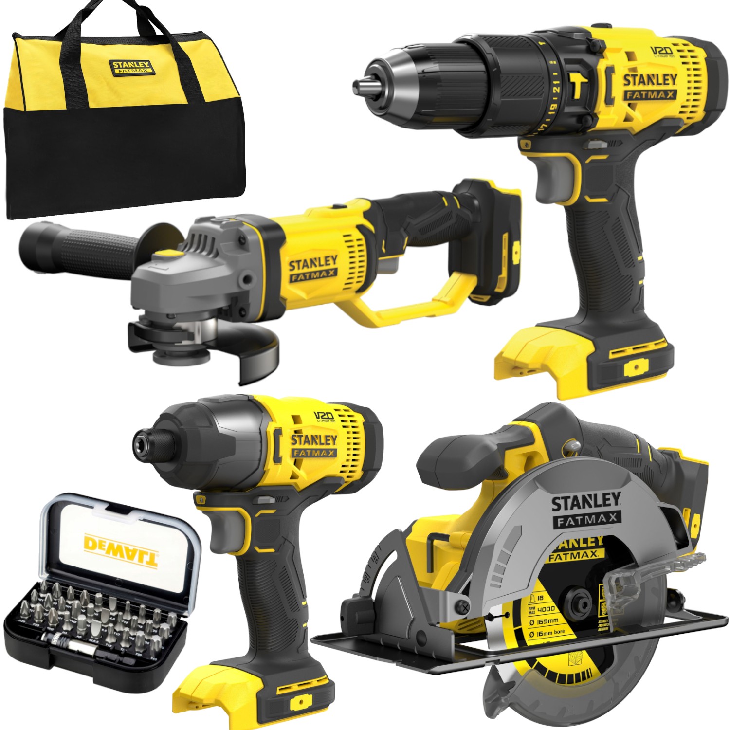 STANLEY Zestaw 4 elektronarzędzi SFMCD711 + SFMCF800 + SFMCG400 + SFMCS500 + Bity 31el.