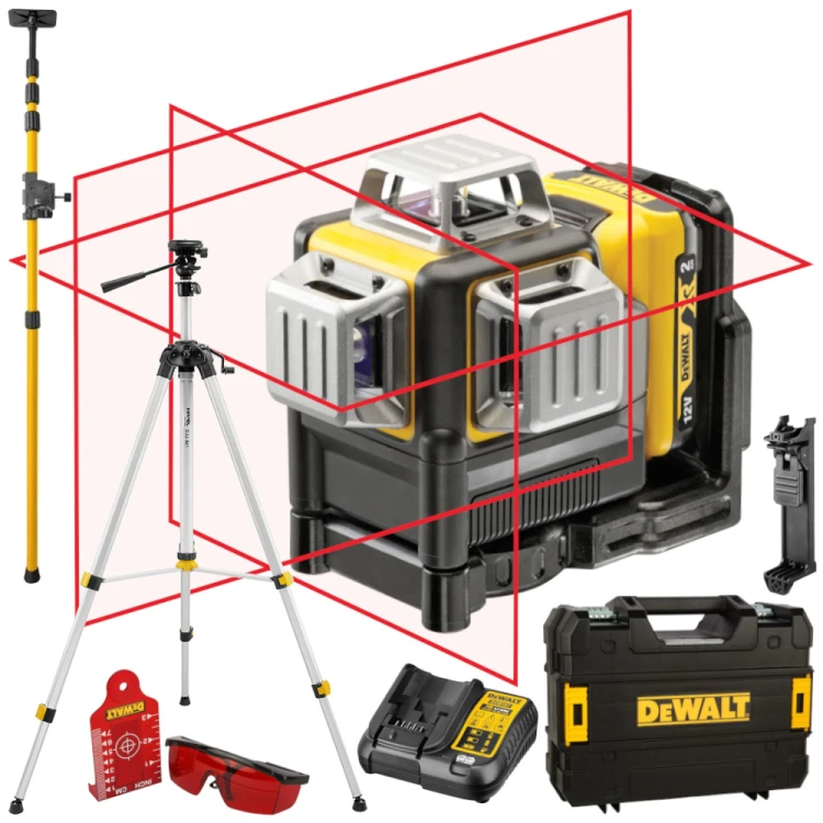 Laser liniowo-krzyżowy 3x360 czerwony 12V Dewalt DCE089D1R + Statyw, Tyczka