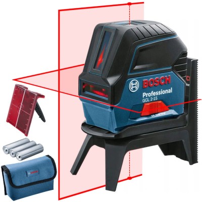BOSCH GCL 2-15 Laser krzyżowy wiązka czerwona 15m + uchwyt, akcesoria