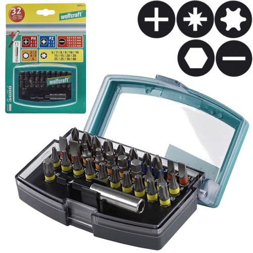 WOLFCRAFT 2975000 Zestaw bitów Ph, Pz, Torx, Hex, płaskich 32szt