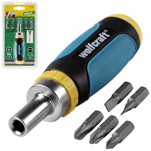 WOLFCRAFT 1237000 Miniwkrętak ręczny z mechanizmem zapadkowym + bity