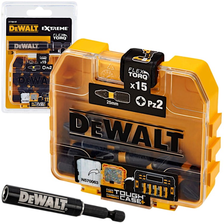 DEWALT DT70618T Zestaw bitów Pozidriv Pz2 25mm 15szt. + uchwyt w etui Tough Case