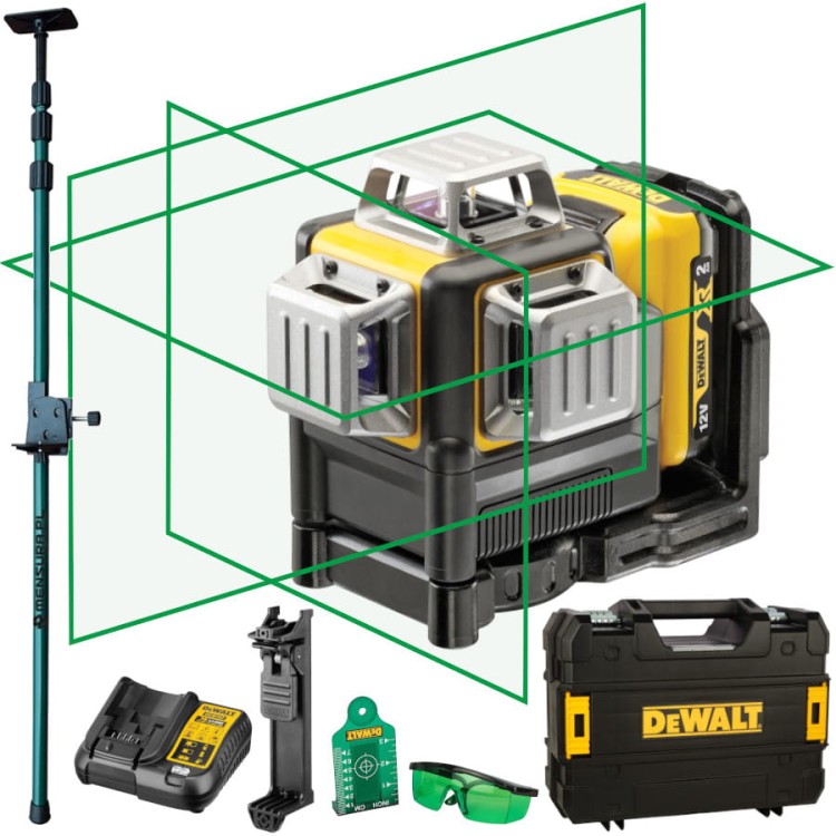 DeWalt DCE089D1G laser krzyżowy akumulatorowy 10,8V zielony + tyczka GT-320