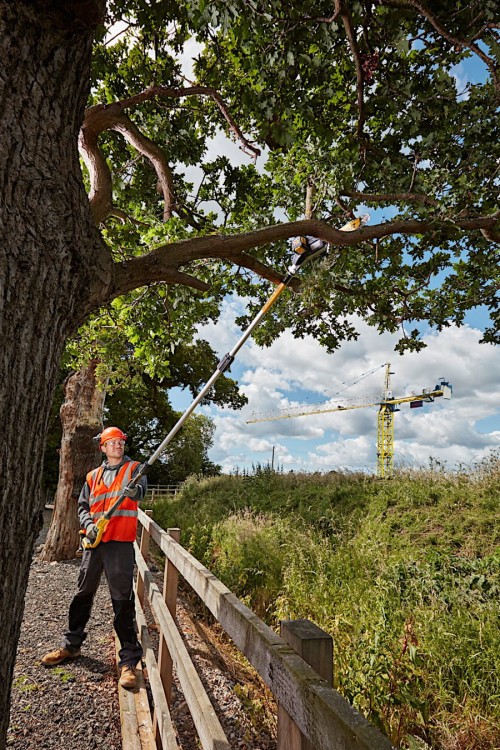 zastosowanie pilarki akumulatorowej na wysięgniku DeWALT DCMPS567P1