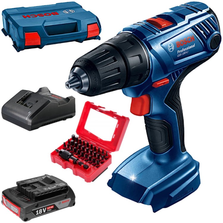 BOSCH GSR 180-LI Wkrętarka akumulatorowa 18V + 2.0Ah, ładowarka, walizka + zestaw bitów