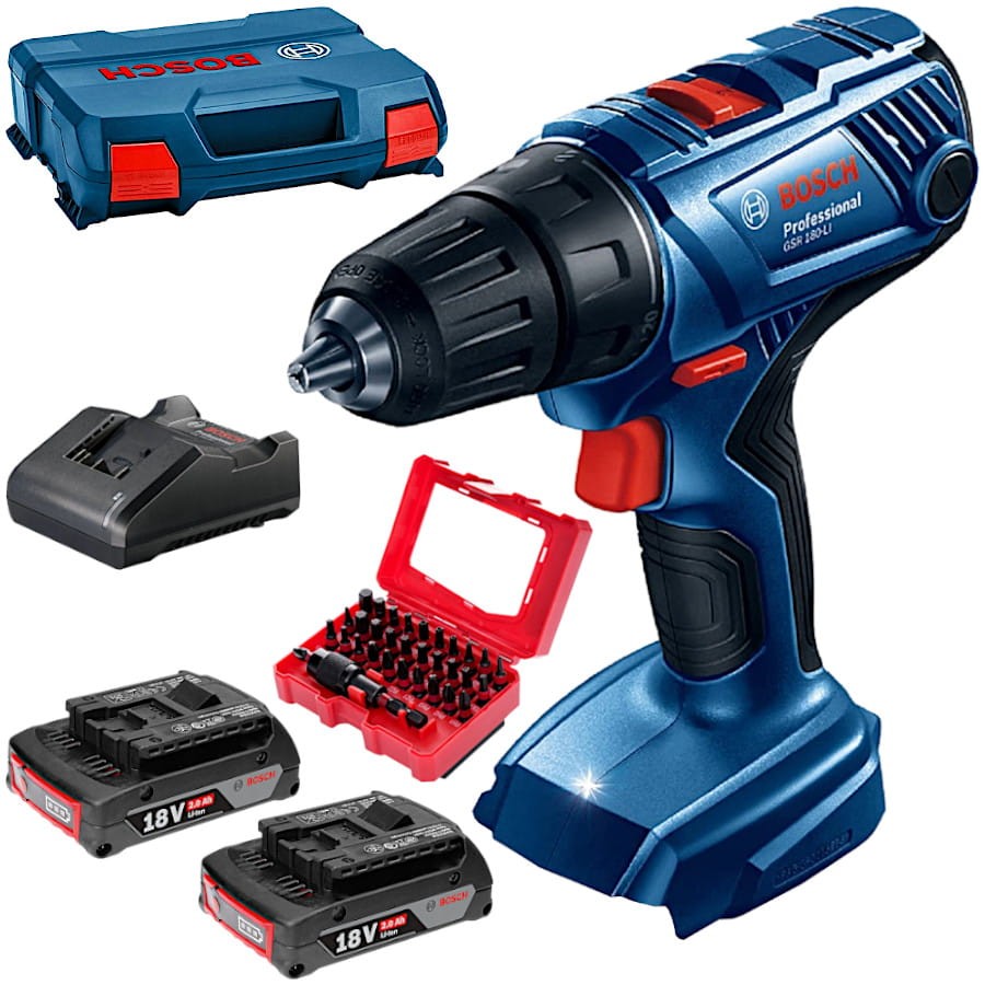 BOSCH GSR 180-LI Wkrętarka akumulatorowa 18V + 2x2.0Ah, ładowarka, walizka + bity