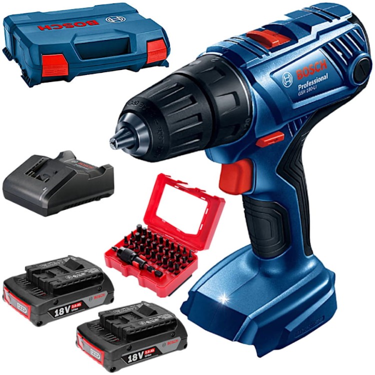 BOSCH GSR 180-LI Wkrętarka akumulatorowa 18V + 2x2.0Ah, ładowarka, walizka + bity