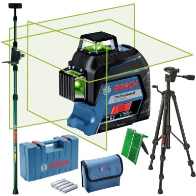 BOSCH Laser krzyżowy GLL 3-80 G + statyw do lasera BT150 + tyczka TP-320