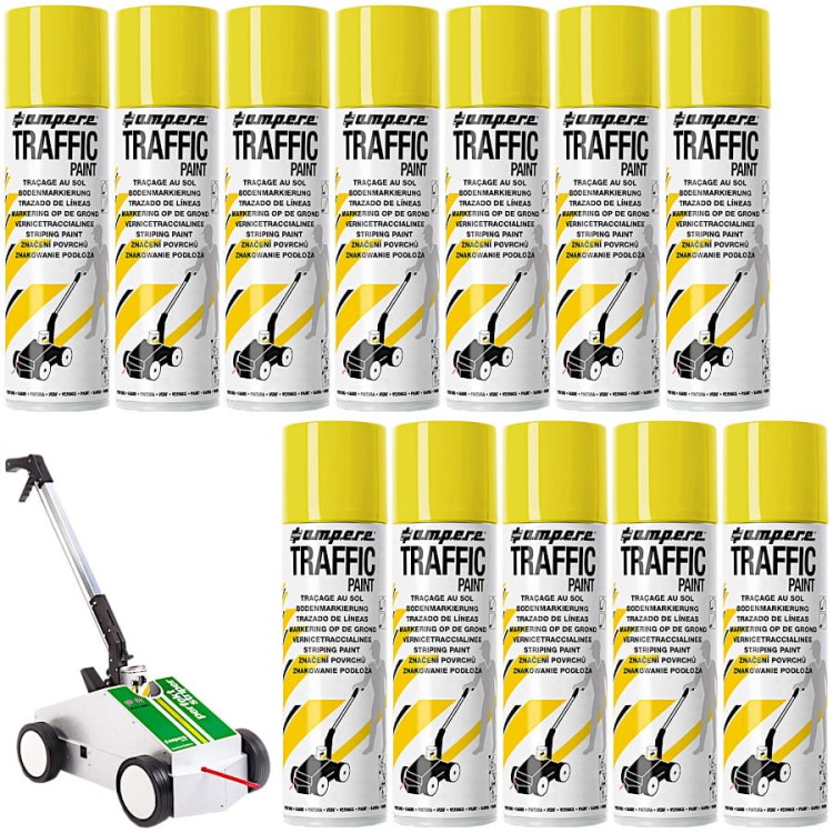 AMPERE TRAFFIC PAINT Farba do malowania linii 500ml żółta 12szt. + wózek