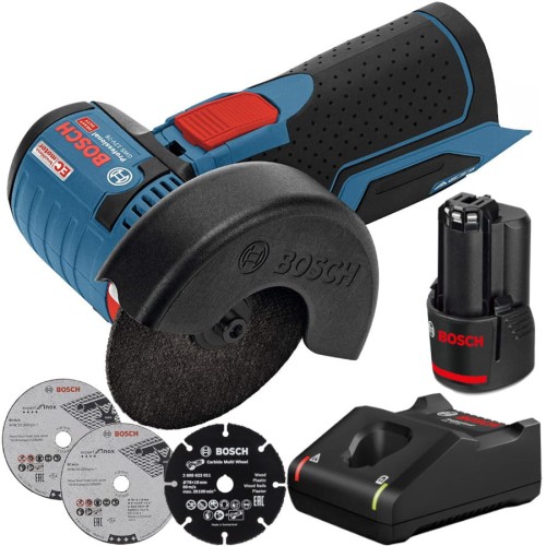 BOSCH Szlifierka kątowa akumulatorowa GWS 12V-76 + 3 tarcze aku 2.0Ah + ładowarka