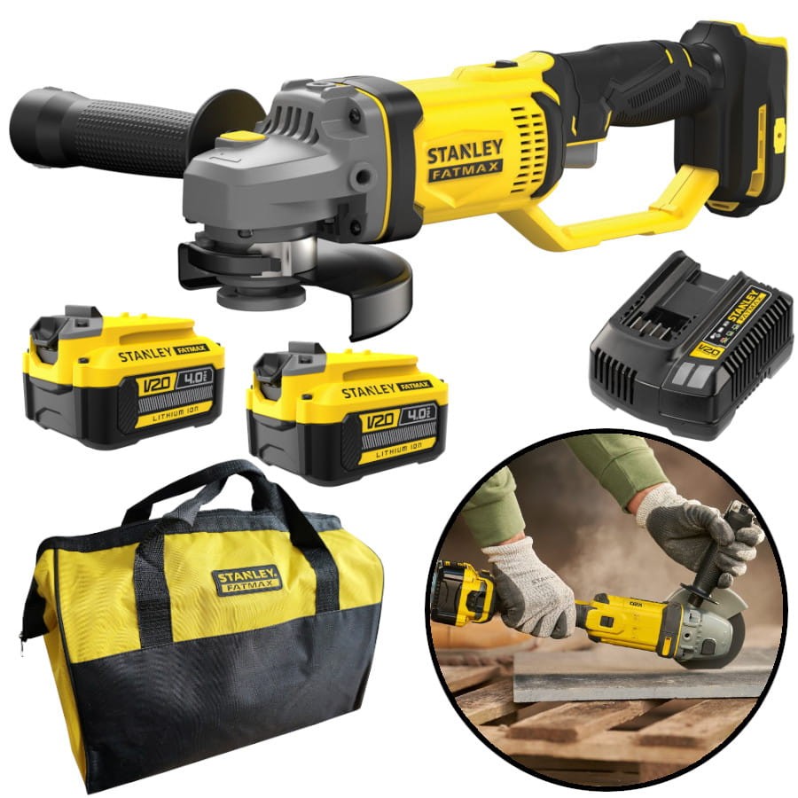 STANLEY SFMCG400B Szlifierka kątowa 125mm 18V Seria V20 2x4Ah + ładowarka + torba