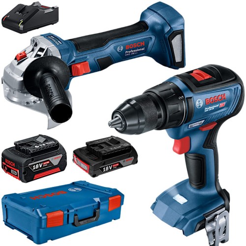 BOSCH Zestaw elektronarzędzi 18V GSR 18V-50 + GWS 180-LI + aku 2.0 / 5.0Ah