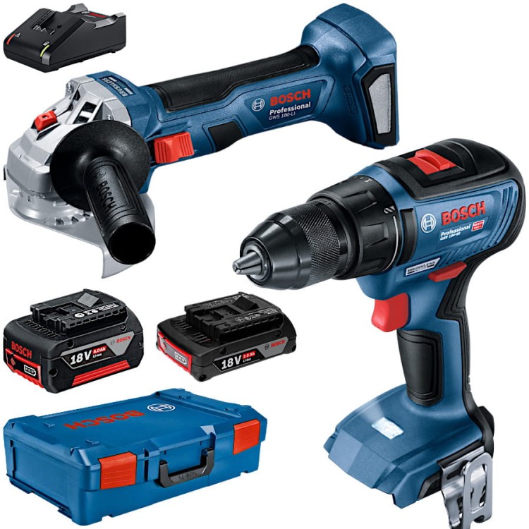 BOSCH Zestaw elektronarzędzi 18V GSR 18V-50 + GWS 180-LI + aku 2.0 / 5.0Ah