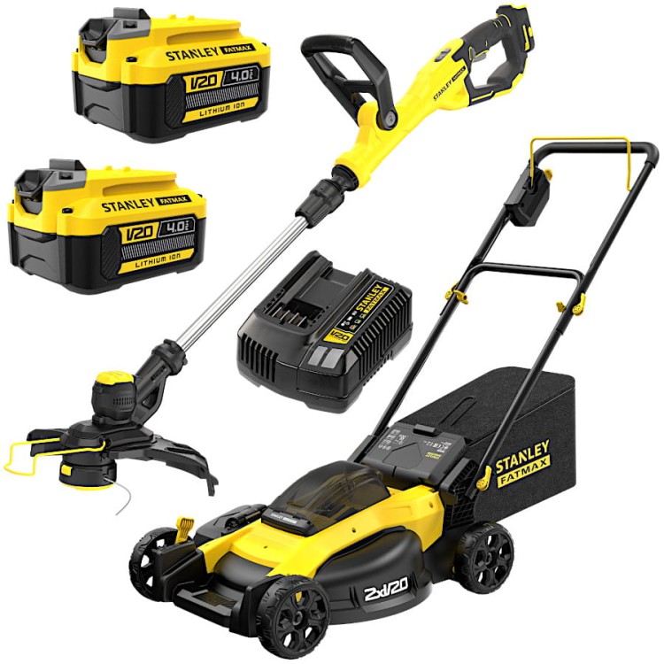 STANLEY V20 Kosiarka do trawy + Podkaszarka żyłkowa + 2x 4.0Ah