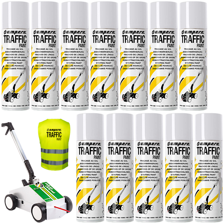 AMPERE TRAFFIC PAINT Farba do malowania linii 500ml biała 12szt. + wózek