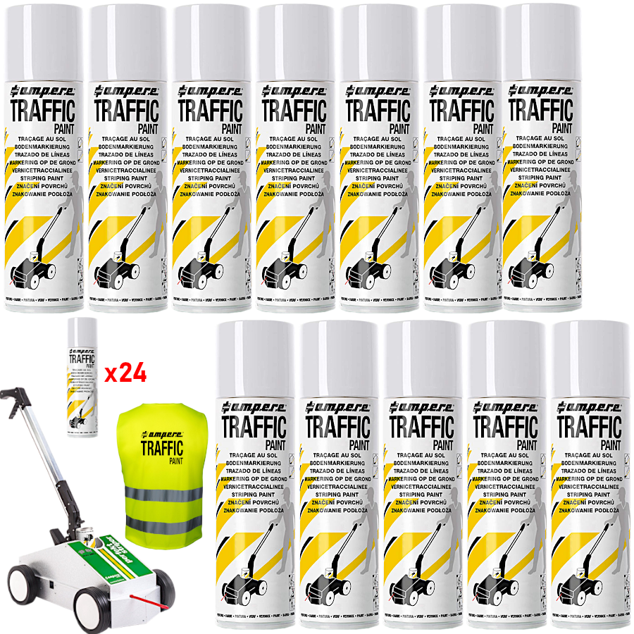AMPERE TRAFFIC PAINT Farba do malowania linii 500ml biała 24szt. + wózek
