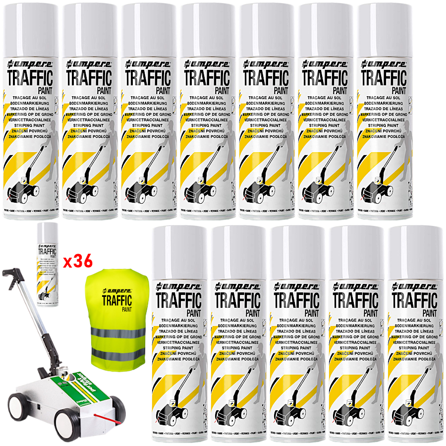 AMPERE TRAFFIC PAINT Farba do malowania linii 500ml biała 36szt. + wózek