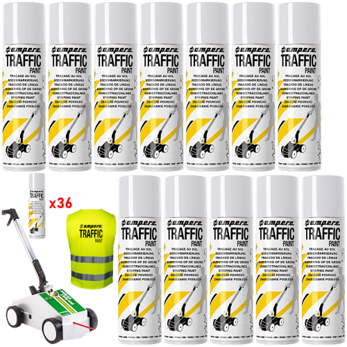 AMPERE TRAFFIC PAINT Farba do malowania linii 500ml biała 36szt. + wózek