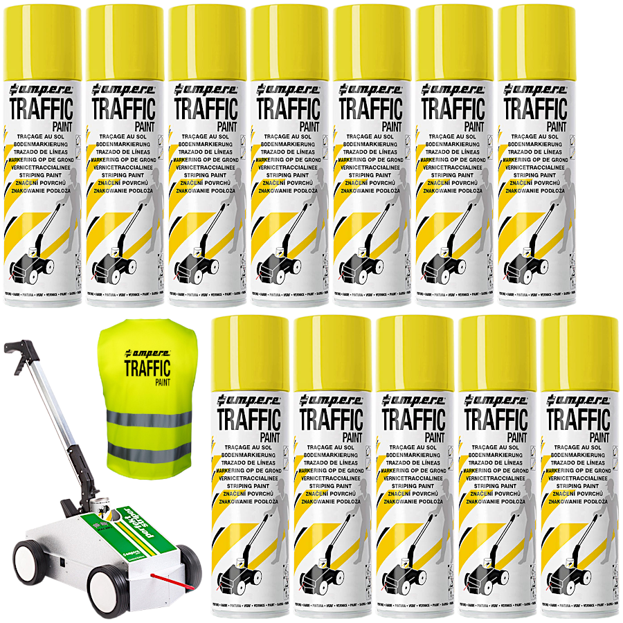 AMPERE TRAFFIC PAINT Farba do malowania linii 500ml żółta 12szt. + wózek