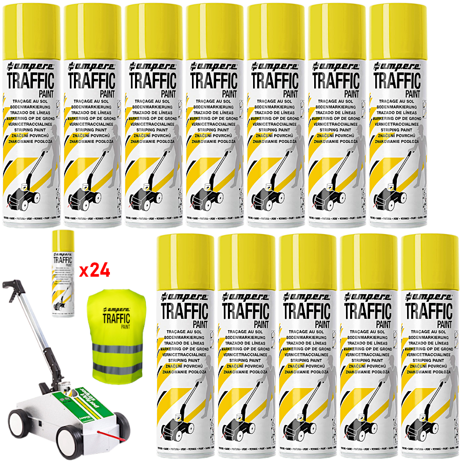 AMPERE TRAFFIC PAINT Farba do malowania linii 500ml żółta 24szt. + wózek