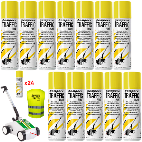 AMPERE TRAFFIC PAINT Farba do malowania linii 500ml żółta 24szt. + wózek