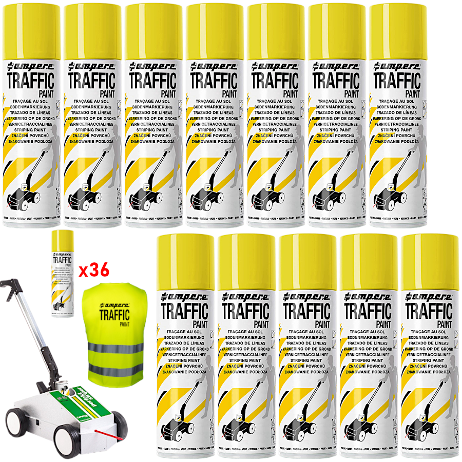 AMPERE TRAFFIC PAINT Farba do malowania linii 500ml żółta 36szt. + wózek
