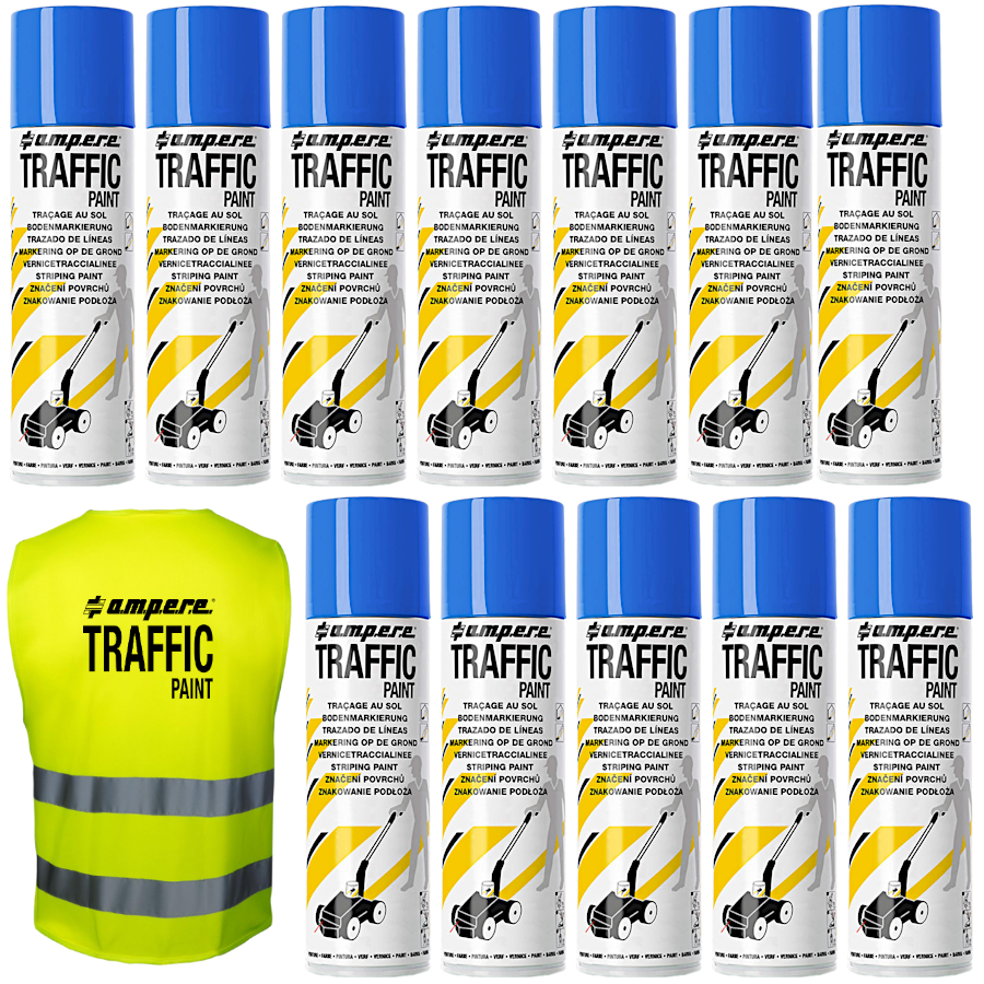 AMPERE TRAFFIC PAINT Farba do malowania linii 500ml niebieska 12szt. + kamizelka
