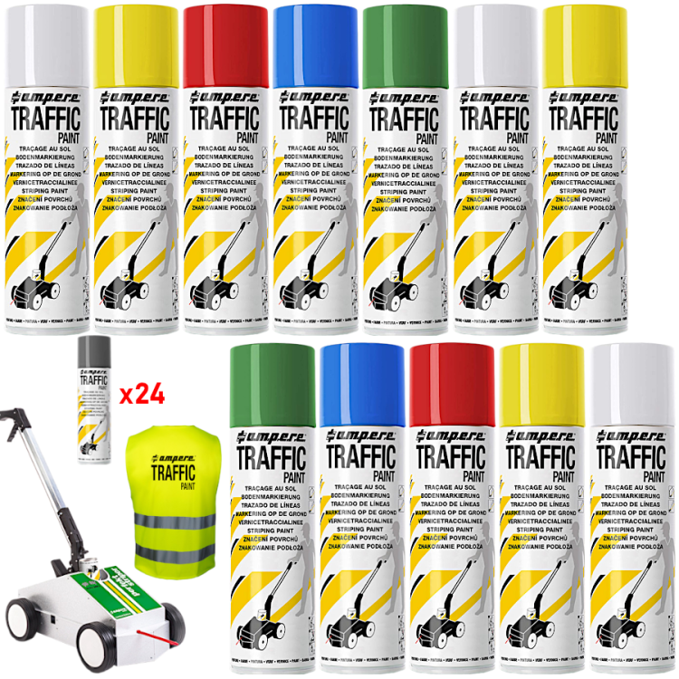 AMPERE TRAFFIC PAINT Farba do malowania linii 500ml 24szt. mix + wózek