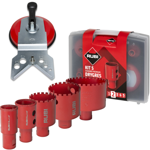 RUBI 51937 Zestaw koronek DryGres PREMIUM 5 (28,35,43,50,68mm) + prowadnica MultiDrill