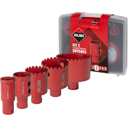 RUBI 51937 Zestaw koronek DryGres PREMIUM 5 (28,35,43,50,68mm) + prowadnica MultiDrill
