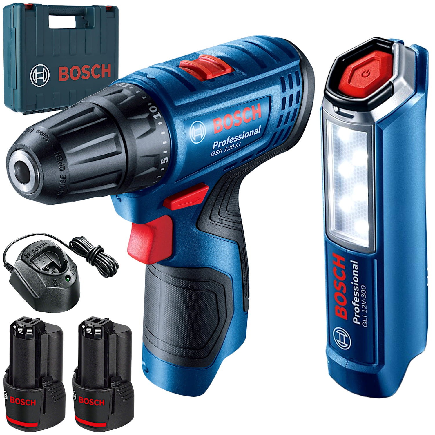 BOSCH Wiertarko-wkrętarka GSR 120-LI + Latarka GLI 12V-300 + 2x 2.0Ah