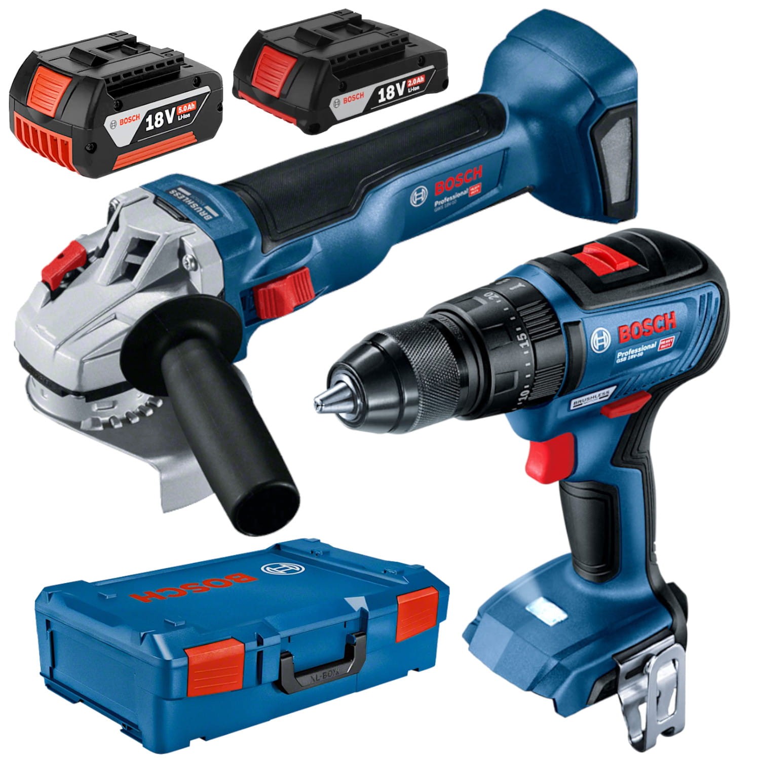 BOSCH 0615990M9K Zestaw elektronarzędzi GWS 18V-10 GSB 18V-50, 5Ah 2,0Ah XL-BOXX